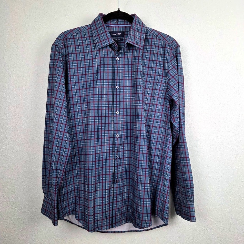 Button Down Nautica Mens Medium Blue Plaid Slim Fit Dress Shirt Long Sleeve